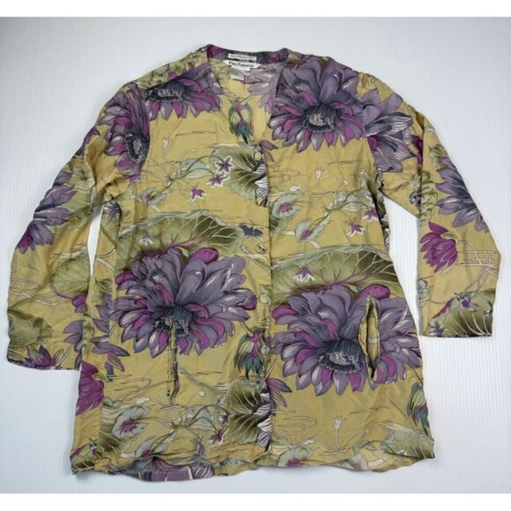 Pure Pinkerton Floral Button-Up Blouse Yellow Purple Chrysanthemum Print M